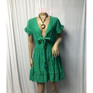 Green Deep V-Neck Ruffle Mini Dress Womens Size Medium Sexy Front Tie NEW
